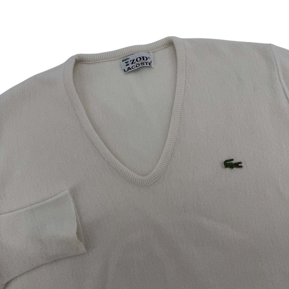 VINTAGE Lacoste Izod Sweater V-Neck Mens L Cream‎ Orlon Acrylic Logo Made in USA